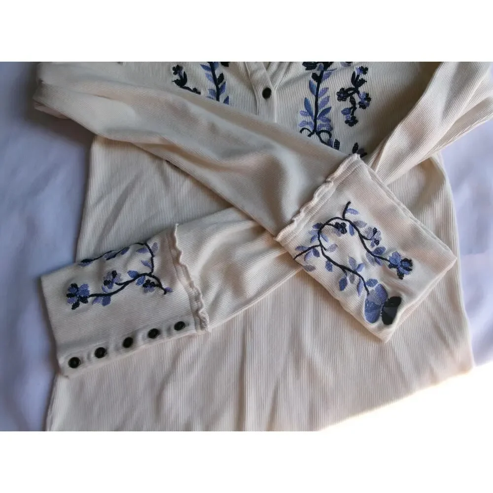 NWT Free People Embroidered Henley Top M Ivory Blue Floral Long Sleeve